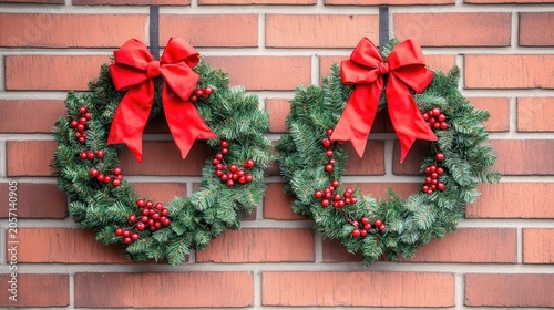 Two Festive Christmas Wreaths Adorn a Rustic Brick Wall with Red Bows and Holly Berries
