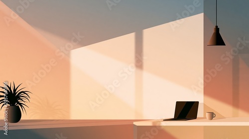 Morning light illuminates modern workspace with laptop cozy home office minimalist design serene atmosphere