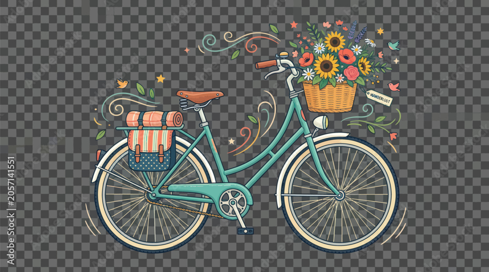 Fototapeta premium A vintage bicycle carries a basket overflowing with colorful flowers and greenery