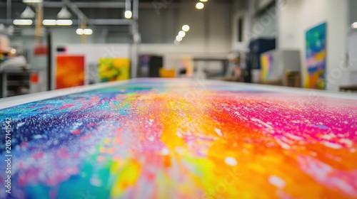 Vibrant large format inkjet printing process with vivid colors and sharp details in a modern production studio