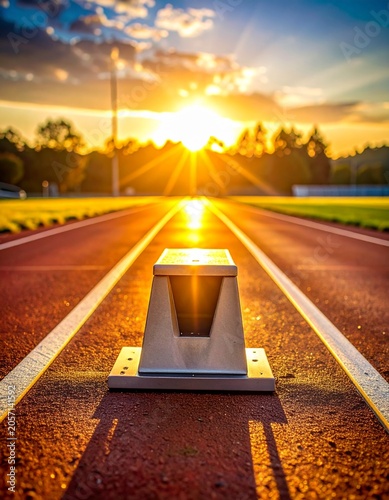 The starting blocks of a race on a track at sunset, representing the beginning of a competition or a new journey