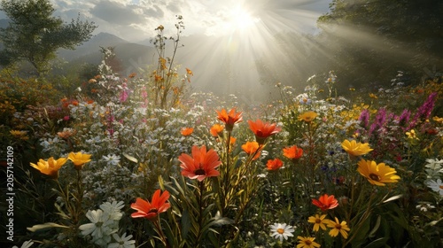 Vibrant wildflowers blooming in a sunlit mountain meadow with radiant sunbeams illuminating the natural landscape
