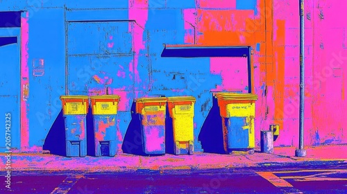 Vibrant Recycling Bins Overflowing with Mixed Waste Outside an Urban Café