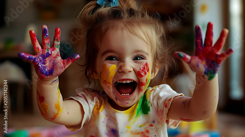 Young Child Exploring Creativity Through Colorful Finger Painting Activity