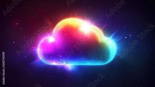Vibrant glowing cloud computing network with radiant neon lights and digital sparks, representing advanced technology and connectivity