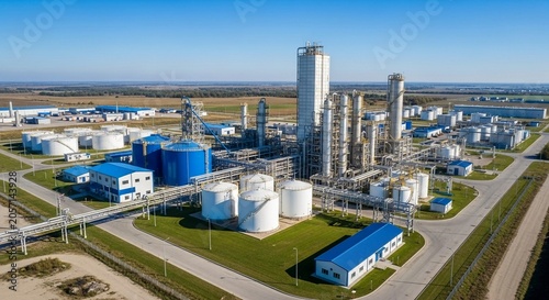 Aerial view of a large modern industrial chemical manufacturing plant complex with storage tanks and tall towers under a clear blue sky