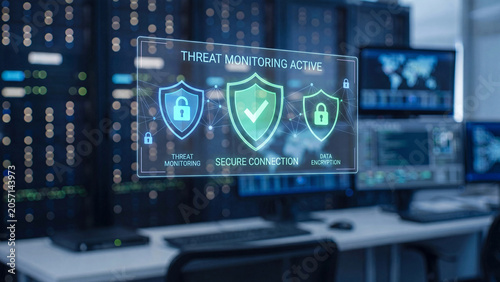 Active cybersecurity threat monitoring system for enterprise data center protection featuring secure connection verification and real time data encryption status display