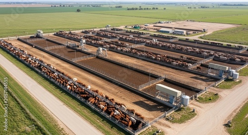 Expansive Aerial View of a Large Cattle Feedlot Operation in a Rural Agricultural Landscape