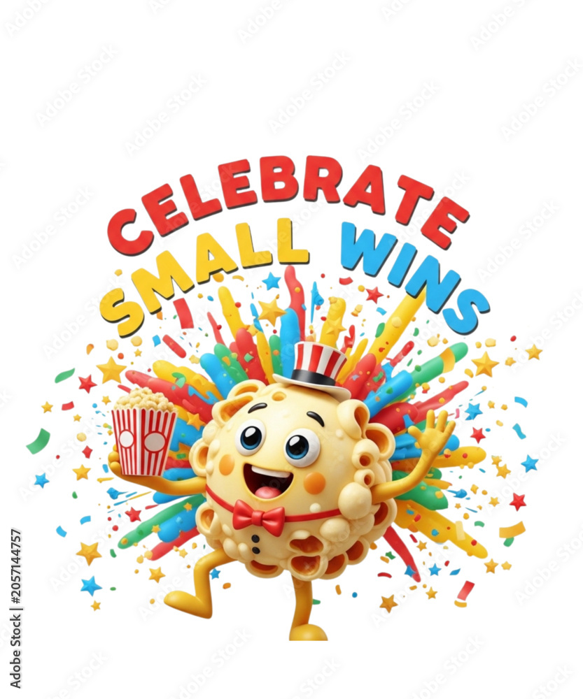 Fototapeta premium Cute Cartoon Popcorn Character Celebrating Small Wins with Colorful Confetti
