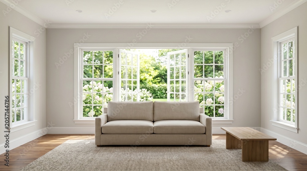 Fototapeta premium Bright Luxury Living Room Interior with Vaulted Ceiling Beams, Fireplace and Open Doors to Garden 