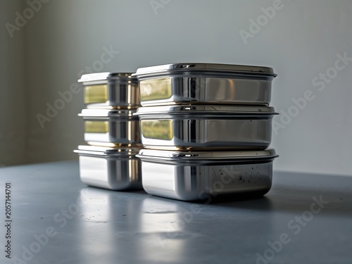 Stacked stainless steel food storage containers on a table