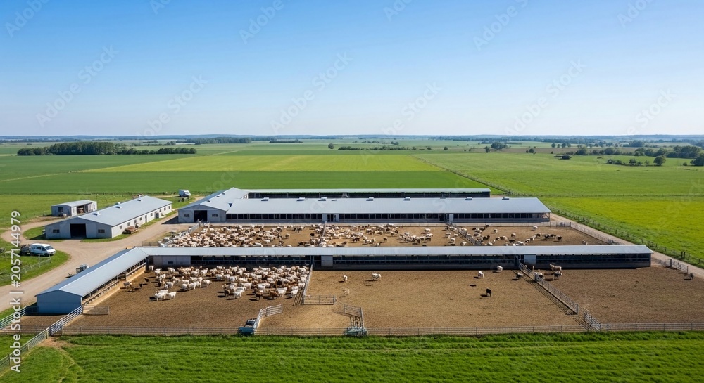 Fototapeta premium Expansive Cattle Farm with Livestock Grazing in Open Fields Under a Clear Blue Sky