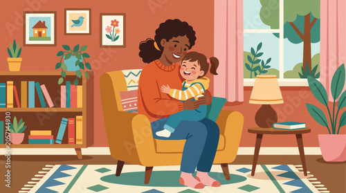 Bild auf Leinwand A woman holding a baby on her lap in a cozy living room.