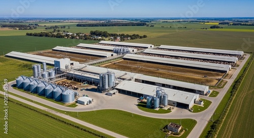 Expansive Industrial Dairy Farm Estate in Rural Landscape Under a Bright Sky