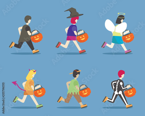 Halloween Trick or Treat Kids in Costume Collection Running with Pumpkin Candy Buckets Vector Illustration
