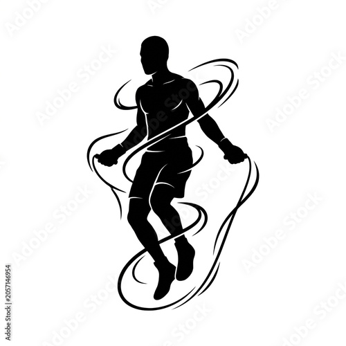 Black Silhouette of Athletic Boxer Doing Jump Rope Exercise with Circular Rope Motion, Fitness Training for Boxing Conditioning, Sport Cardio Vector Illustration