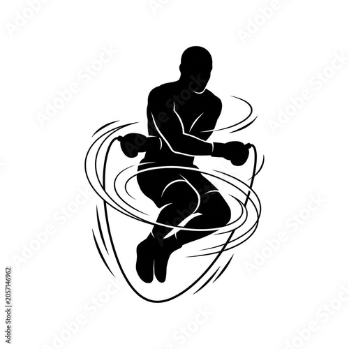 Black Silhouette of Boxer Skipping Jump Rope with Dynamic Swirl Motion Lines, Athletic Fighter in Cardio Boxing Training Session, Sport Workout Vector Illustration