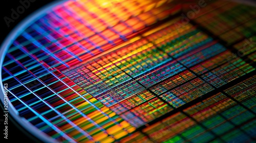 Microchip wafer with rainbow iridescent grid pattern under magnified view