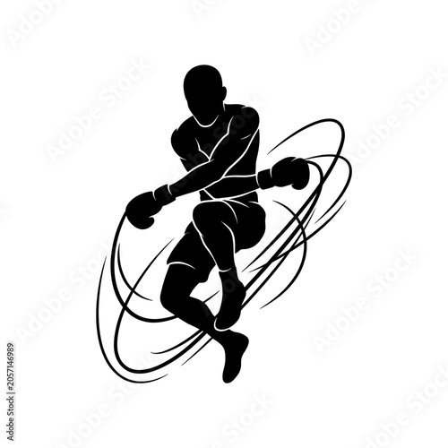 Black Silhouette of Boxer Jumping Rope with Swirling Jump Rope Lines, Athletic Fighter Cardio Training Exercise, Boxing Workout Sport Vector Illustration