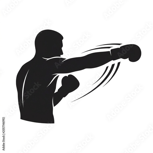 Black Silhouette of Boxer Upper Body Throwing Powerful Cross Punch with Motion Speed Lines, Athletic Fighter in Action, Boxing Sport Vector Illustration