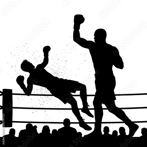 Black Silhouette of Boxer Knocking Opponent Over Boxing Ring Ropes, Dramatic Knockout Scene with Audience, Professional Boxing Match Vector Illustration