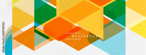 Abstract geometric shapes overlap. Orange, green, yellow hues dominate design. Light blue accents provide contrast. Modern visual composition.