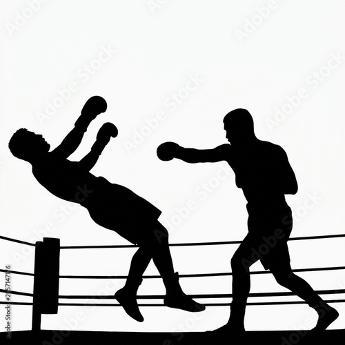 Black Silhouette of Boxer Delivering Knockout Punch to Opponent Falling Down in Boxing Ring, Dynamic Combat Scene, Boxing Match Vector Illustration