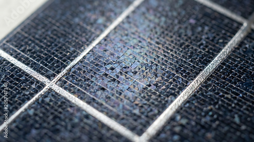 Close up of a textured silicon solar panel surface with grid lines