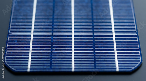 Close up of a solar panel with blue and white photovoltaic cells