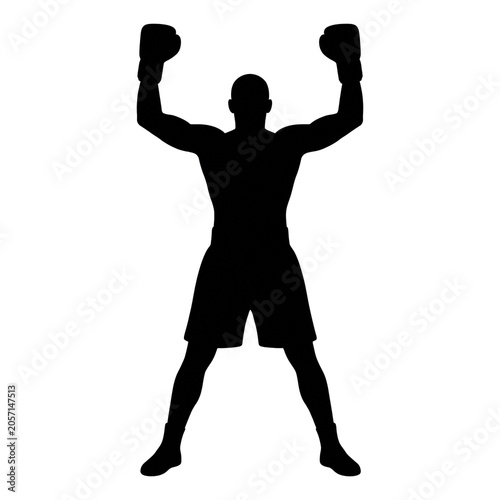 Black Silhouette of Male Boxer Wearing Boxing Shorts with Both Arms Raised High in Victory, Athletic Athlete Champion Celebration, Sport Vector Illustration