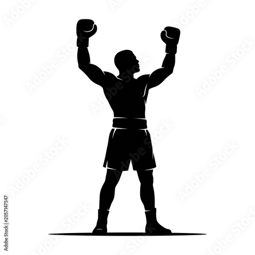 Black Silhouette of Male Boxer Wearing Boxing Shorts with Both Fists Raised in Champion Victory Pose, Sport Celebration, Boxing Winner Vector Art