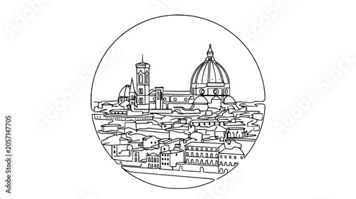 Florence cityscape illustration with Duomo dome and Giotto's Campanile in circle