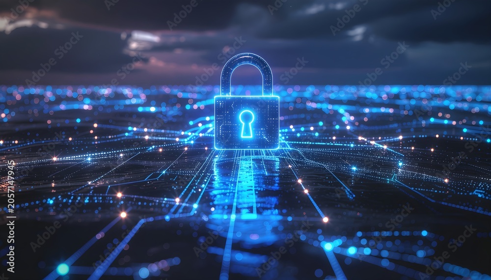 Naklejka premium glowing cyber padlock rising above a digital network security landscape
