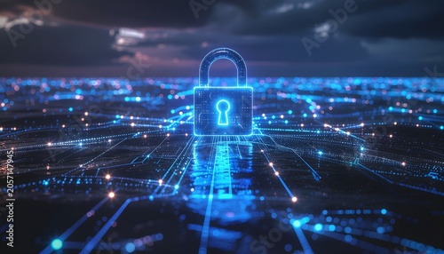 glowing cyber padlock rising above a digital network security landscape