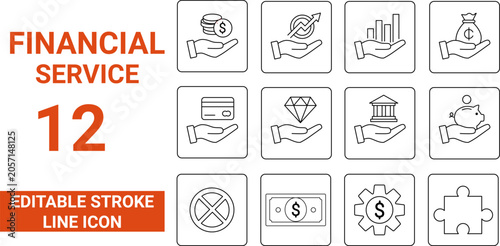 Financial service editable stroke line icons set with hands and money symbols