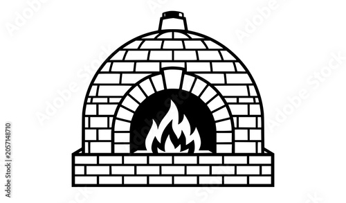 Fotografie Traditional stone pizza oven line art vector icon showing blazing wood fire flam
