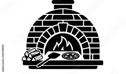 Canvas Print Traditional brick pizza oven silhouette vector icon showing blazing wood fire fl