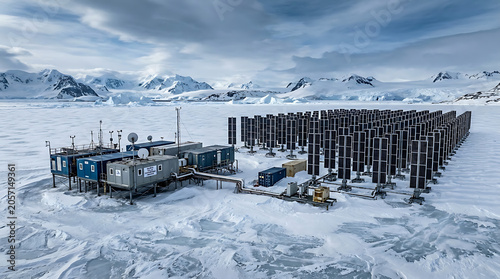Antarctic research station with extensive solar panel array and icy landscape