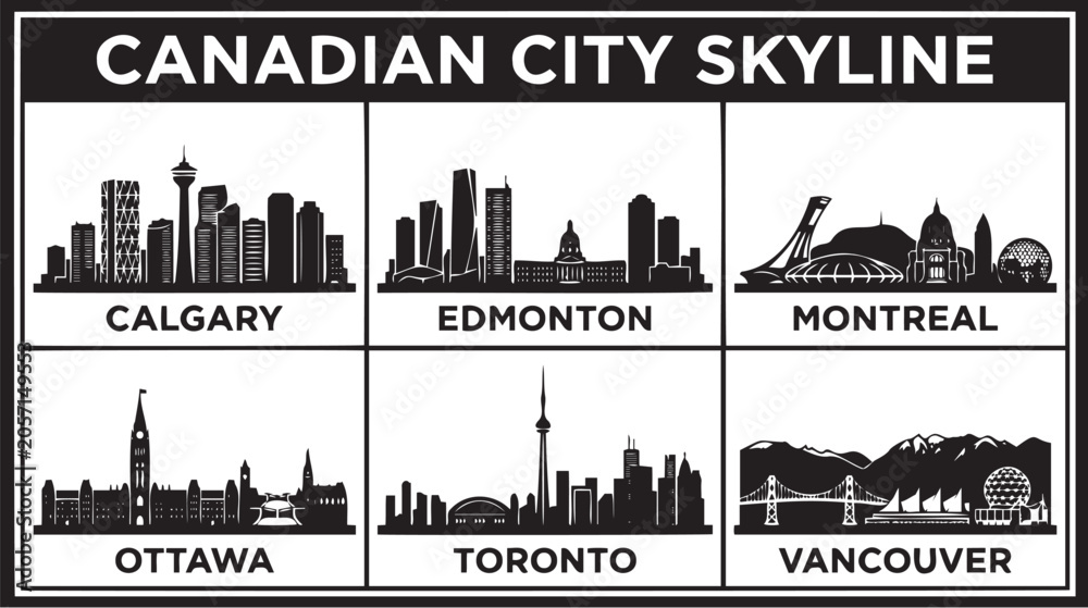 Naklejka premium Minimalist black and white vector graphic illustration depicting silhouettes of six famous canadian city skylines arranged in neat grid boxes