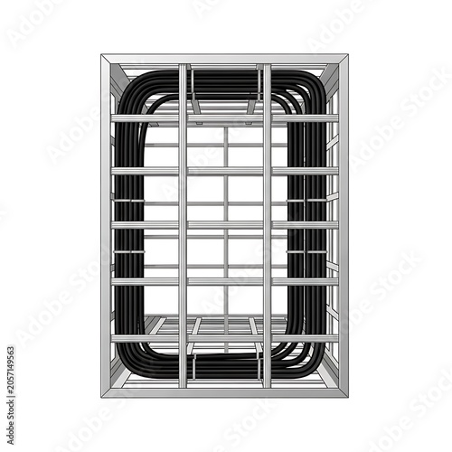 Black and white window with decorative metal grille.