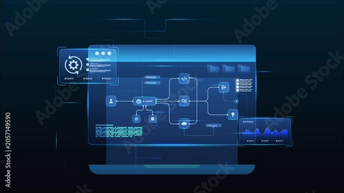 Futuristic AI agent automation workflow diagram dashboard automation with automation pipelines, analytic flow and automation system, looped animation