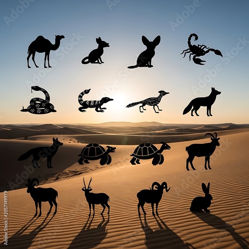 Silhouettes of diverse animals against a sunset sky.