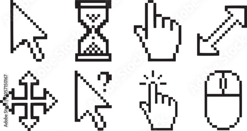 Set of black and white pixelated computer cursor icons featuring arrows hands hourglass and mouse for digital interface design projects