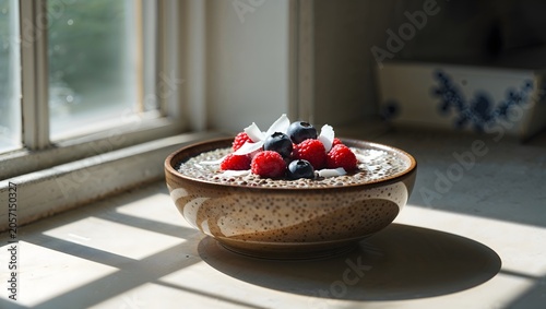 Healthy Breakfast Smoothie Bowl with Fresh Berries and Coconut Flakes on a Sunlit Windowsill