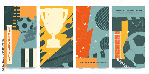Tableau sur toile Soccer Themed Vector Illustrations With Stadiums Trophies And Abstract Elements