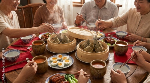 Family Enjoying Traditional Dragon Boat Festival Feast at Dining Table