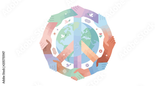 Diverse hands united in circle forming peace symbol around earth globe vector illustration representing global harmony and international cooperation