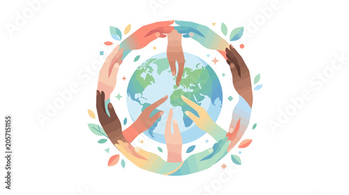 Diverse hands circling planet earth vector illustration representing global unity ecology and community