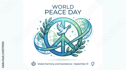 Vector illustration banner for international day of peace featuring dove and peace symbol with globes representing global harmony and unity