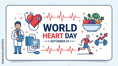 Contemporary cardiovascular health banner showing medical professionals, blood pressure monitoring, diet, and physical exercise icons for wellness